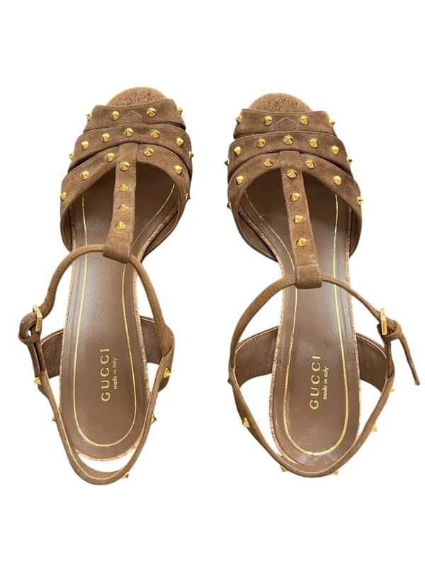 Gucci Women’s Jacquelyne Brown Suede Gold Studded Cork Block Heels Size 39 - Image 3