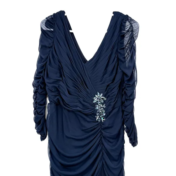 Adrianna Papell Size 10 Long Sleeve Maxi‎ Dress Dark Blue Mesh Sleeve Event Gown - Image 3