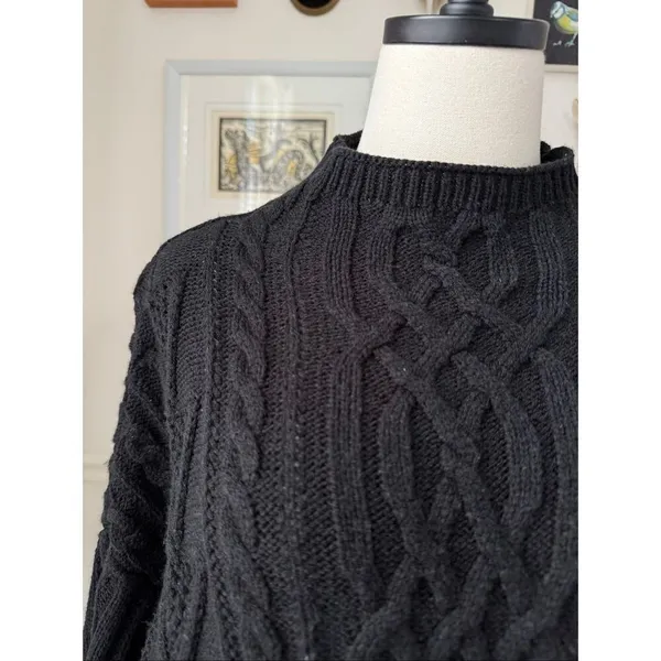 New York & Co Black Fisherman Knit Funnel Neck Boxy Sweater L - Image 3