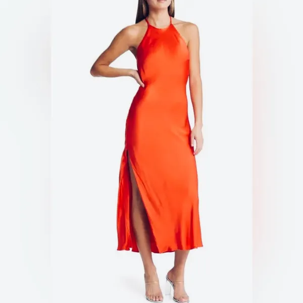 Bardot Mila High Jewel Neck Cowl Back Satin Slip Dress in Fire Red Size‎ 2 - Image 3