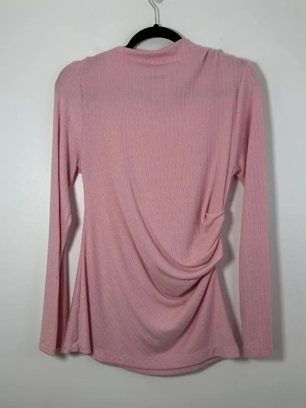 LOFT Womens Large Ribbed Side-Ruched Long Sleeve Knit Top Pink Super Soft Fitted - Image 2