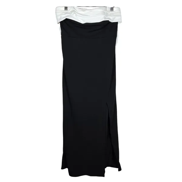Lulus Fabulous Phenomenon Black White Strapless Bow Midi Dress Wedding Guest - Image 3