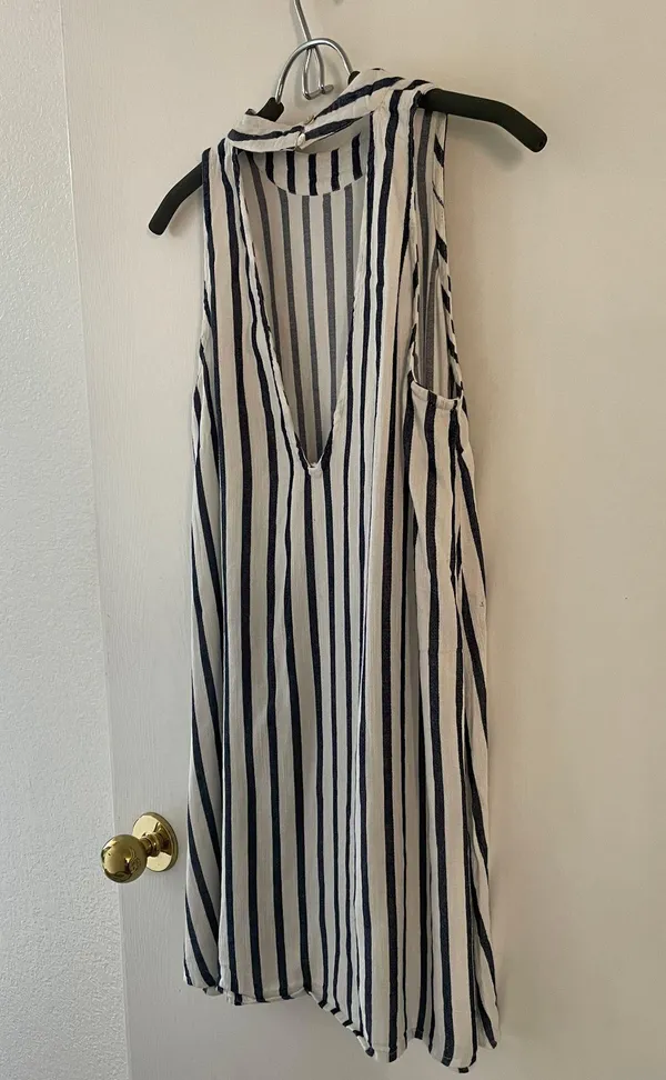 En Crême Classy A-Line Dress - Navy Blue Striped Dress - Image 4