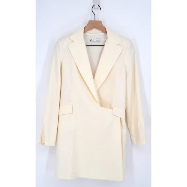 Zara Collared Plunge Blazer Dress Stretch Wool Blend in Cream Ivory Women's XS - Image 3