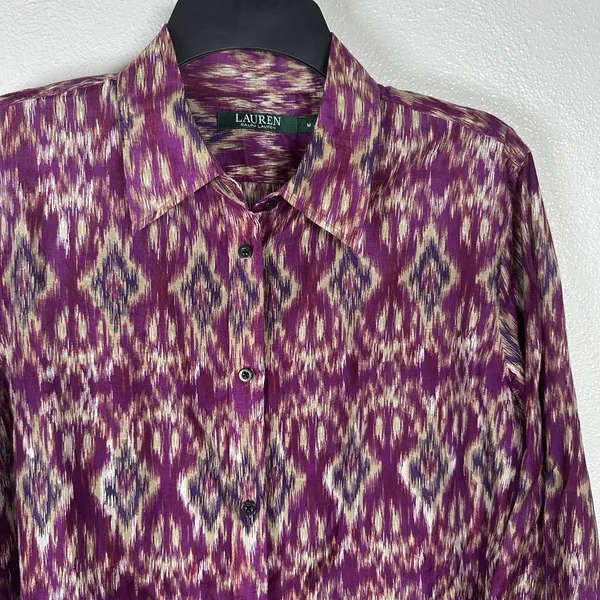 LAUREN Ralph Lauren‎ Womens Medium Silk Cotton Button Up Shirt Purple Ikat Print - Image 2