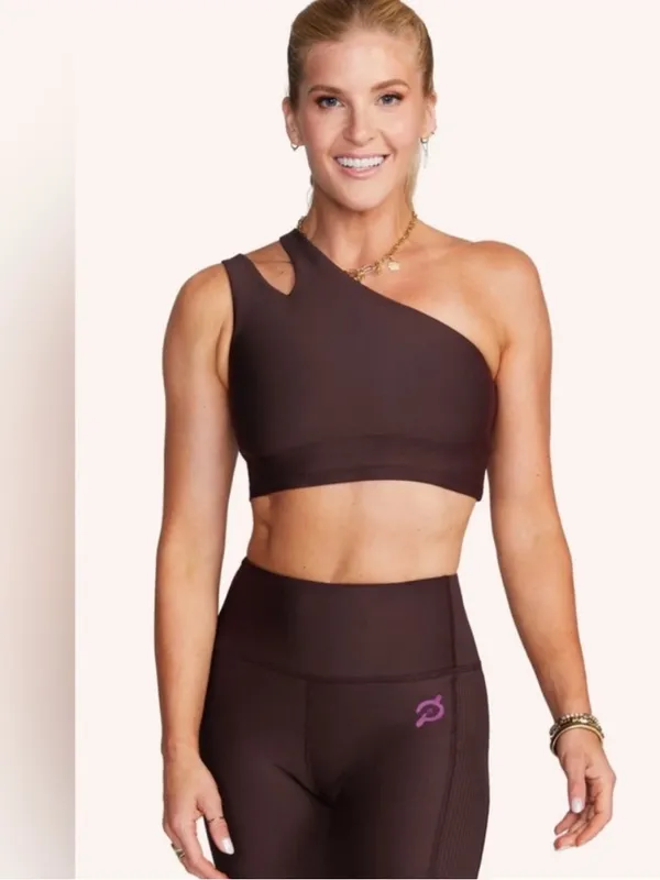 PELOTON Women's Chocolate Brown Asymmetric Cropped Sports Bra with Purple Logo - Image 4