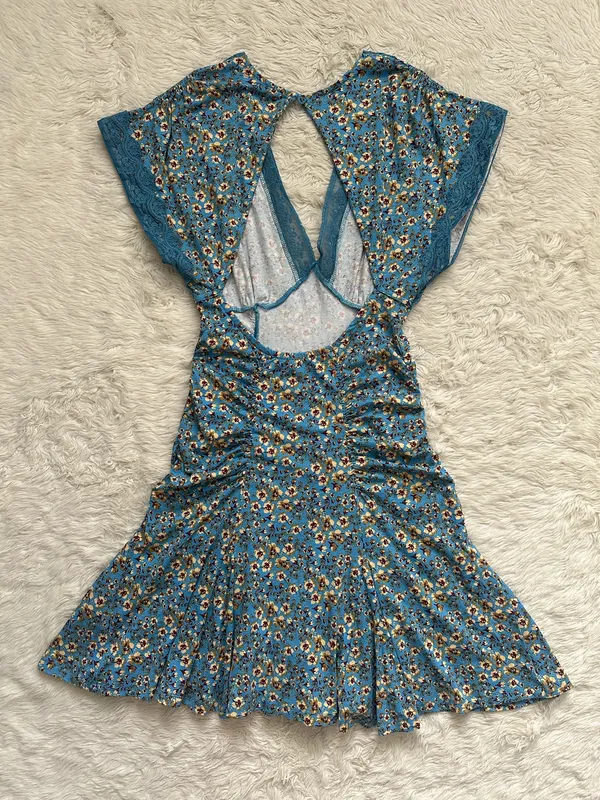Free People Sweet Talker Mini Dress Short Sleeve V-neck Floral Blue Sz S - Image 3