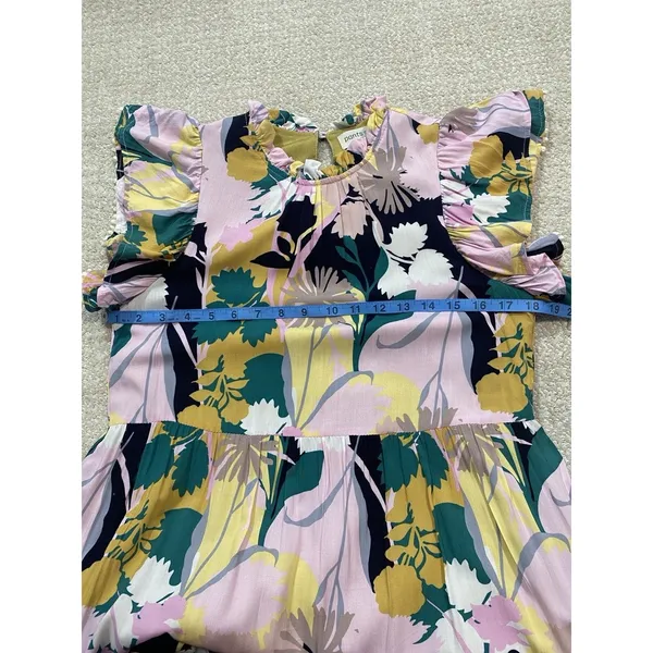 pantsstore Floral Ruffle Maxi Dress Pom Pom Accents Pink Yellow Green Size S - Image 12