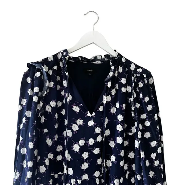 J Crew Dress Womens Purple Navy Scattered Peony Floral Tie Neck Tiered SZ M - Image 5