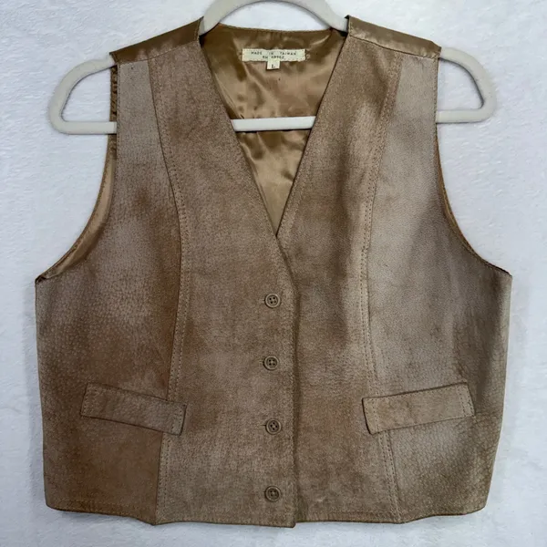 Vintage Boho Large Leather Vest Suede Front Satin Back Cinch Tan Camel Festival - Image 2