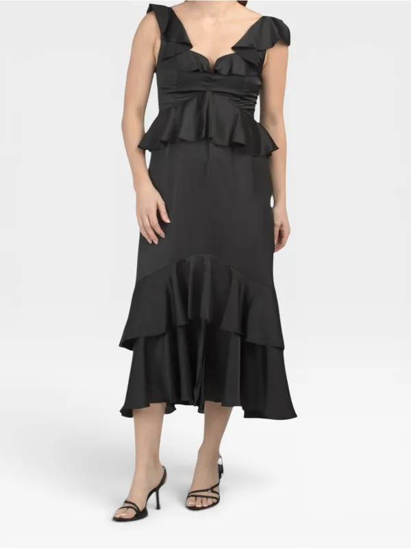 Show Me Your Mumu Reese Ruffle Black Satin Maxi Dress XS NWT - Image 5