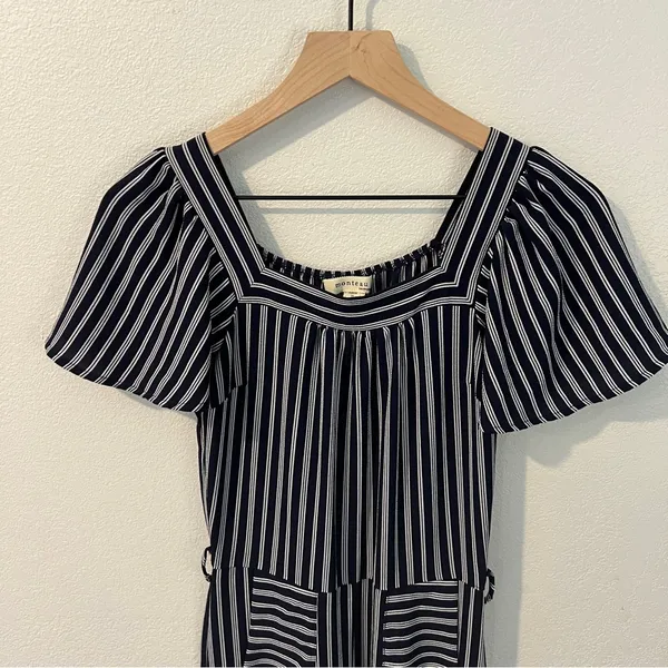 Monteau Crepe Blue &‎ White Striped Flutter Sleeve Jumpsuit Size S - Image 3