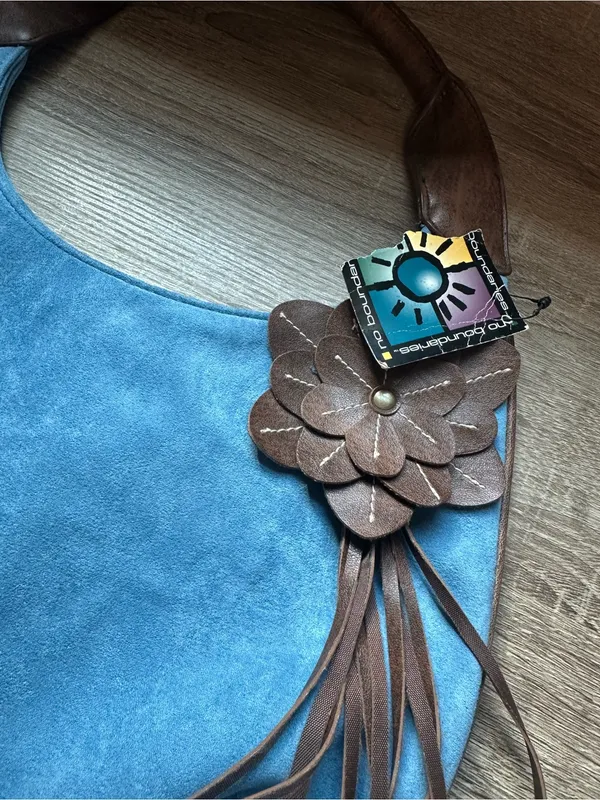 NWT Vintage Y2K Blue Suede Hobo Bag with Brown Fringe Floral Accents - Image 5