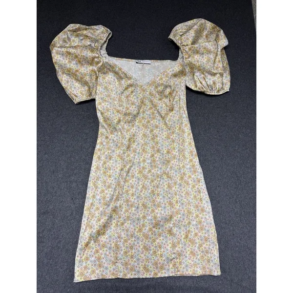 Zara satin effect mini dress puff sleeve‎ M Floral Satiny - Image 3