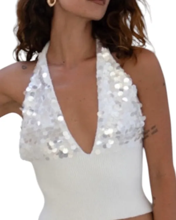 NWT 12th Tribe Trinity Knit Sequin Halter Top White L Cropped Soft - Image 2