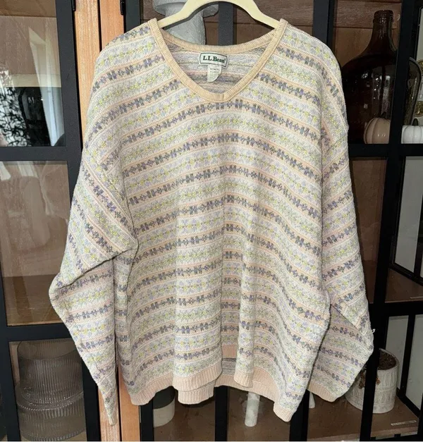 Vintage 90s L.L. Bean Pastel Fair Isle Cotton Linen Sweater knit beige striped - Image 6