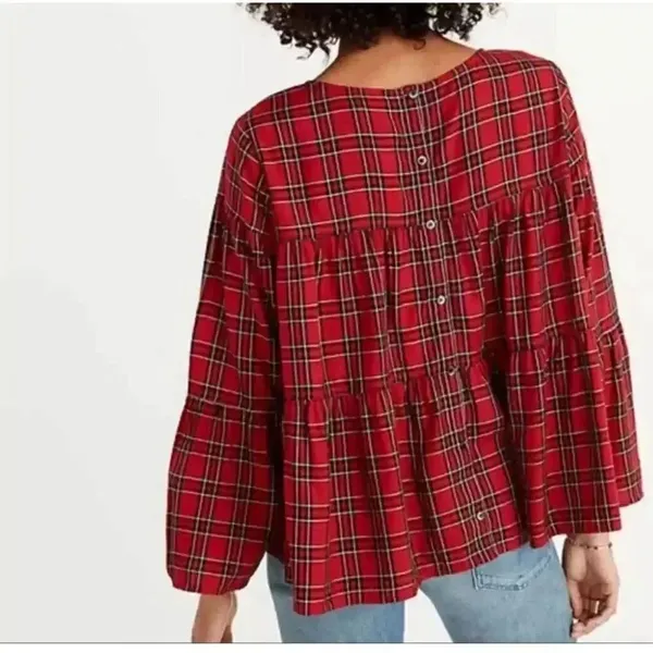 Madewell Red Plaid Clandon Viscose Tiered Button Back Baby Doll Top SZ S #2328 - Image 2