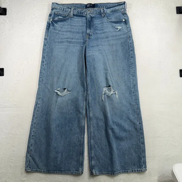 Gap 14 32 Mid Rise Destructed SuperSoft Baggy Jeans Medium Wash Denim 626631 - Image 3