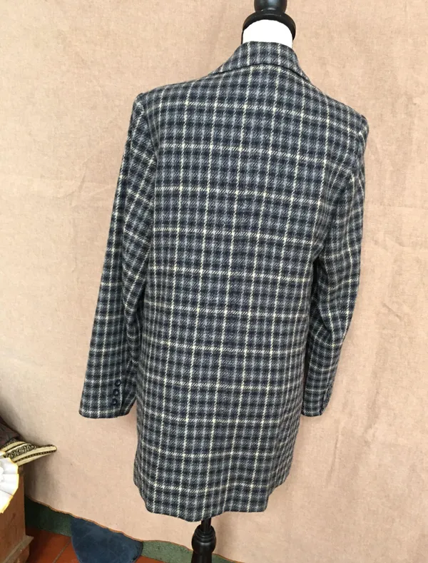 Eddie Bauer Wool Check Long Blazer Jacket Cream Navy Blue M Academia - Image 5