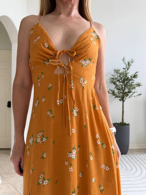 ASTR The Label Mustard Floral Ruched Midi Slip Dress Size S Tie Front Summer - Image 4
