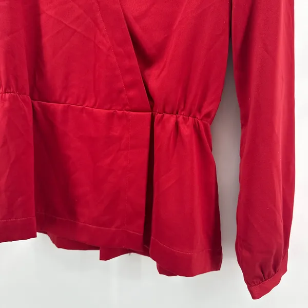 J. Crew Red Faux Wrap Blouse‎ Peplum Long Sleeve Top Small Holiday Career Office - Image 3