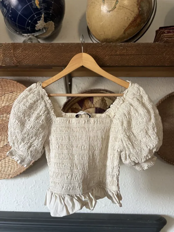 Smocked English Factory top with puff sleeves, neutral cream cottage small - Image 5
