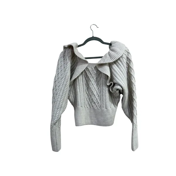 HM Cable Knit Ruffle Collar Sweater Wool Blend Cream Square Neck Small - Image 3