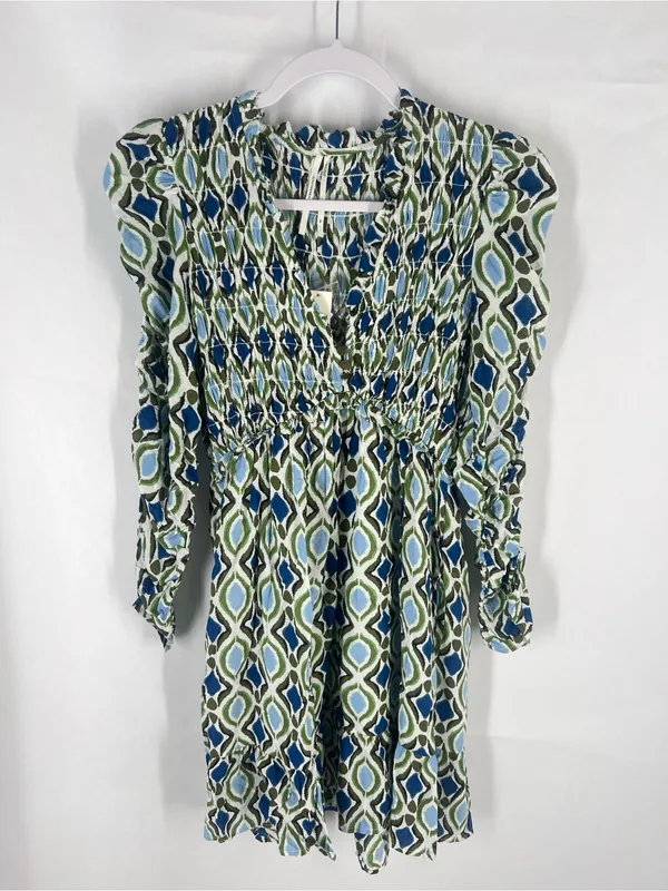 Anthropologie Navy and Cream Geometric Ruffle Mini Dress - Image 2