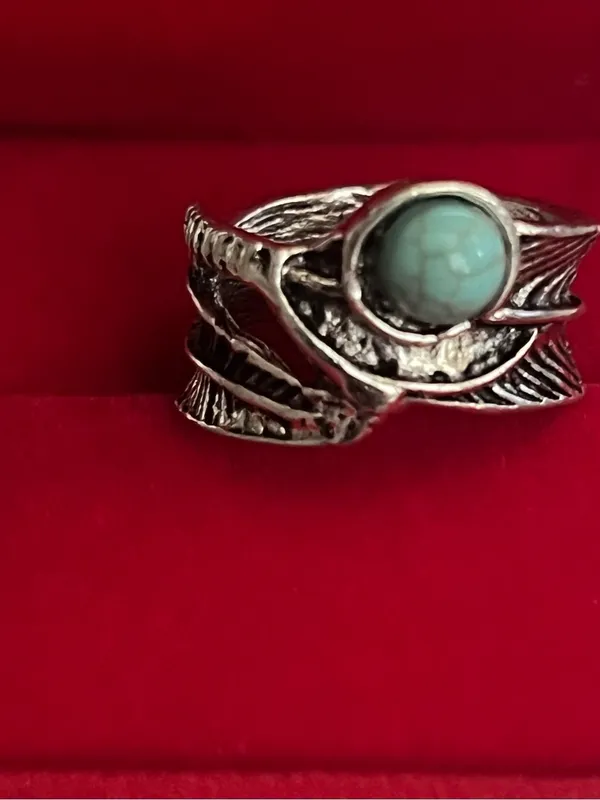 Boho/Vintage Design Stainless Steel Silver Faux Turquoise Wide Band Size 7 NWT - Image 2