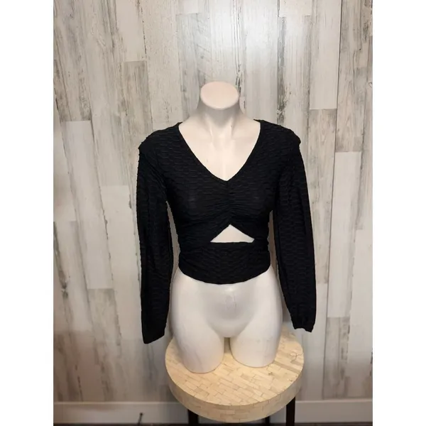Jolie & Joy Black Textured Long Sleeve Cut Out Crop Top Size M Ruched Front Wrap - Image 2