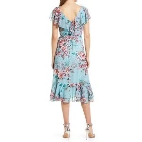 Eliza J V-Neck‎ Ruffled Printed Metallic Clip Chiffon Dress Size 2 - Image 3