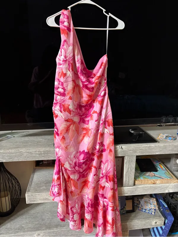 Lulu's Pink & Coral Floral One-Shoulder Midi Dress - Image 3