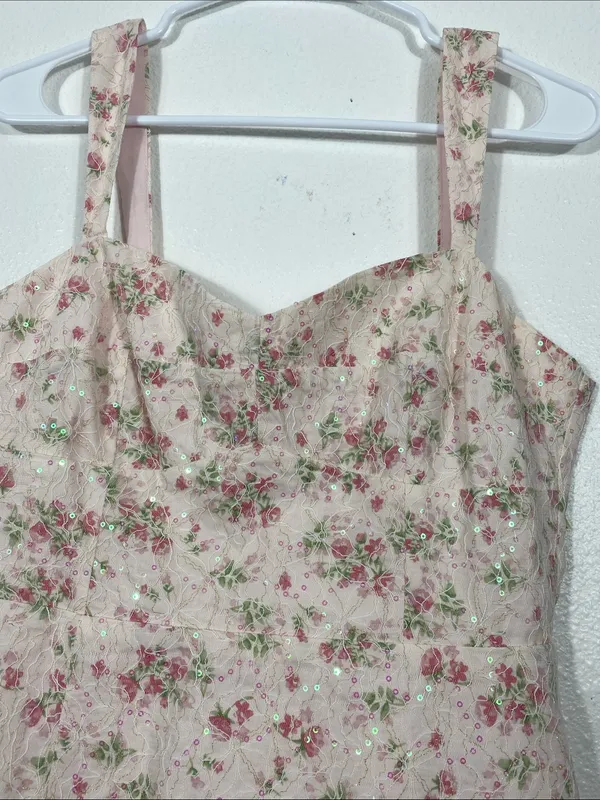 Storia pink floral lace and sequin corset-style mini dress, Size M 100% Rayón - Image 6