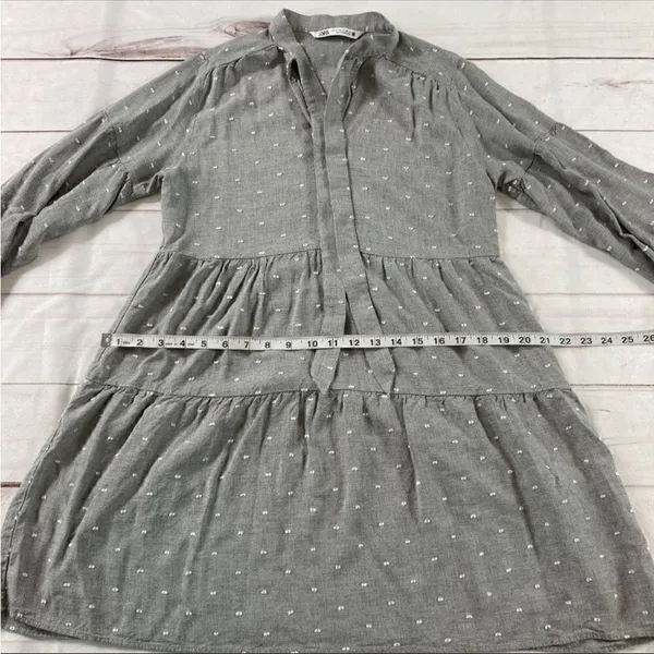 Zara Gray Swiss Dot Long Sleeve V-Neck Tiered Short Casual Dress Size XS - Image 10
