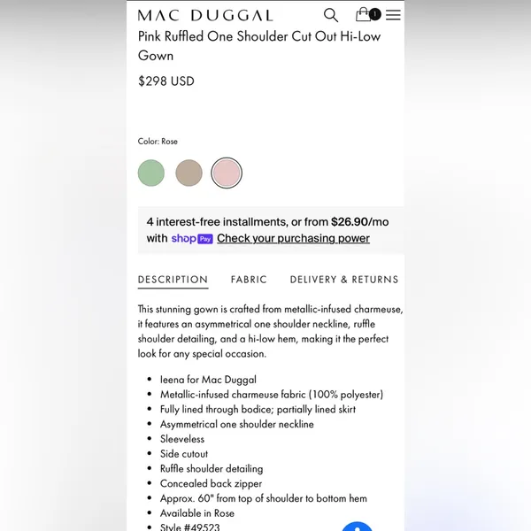 MAC DUGGAL Rose Ruffled One Shoulder Cut Out Hi-Low Gown – Size 8 – Style 49523 - Image 3