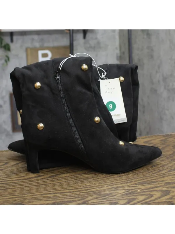 A New Day Studded Faux Suede Mid-Calf Boots with Cone Heel Jet Black / Gold 9M - Image 8
