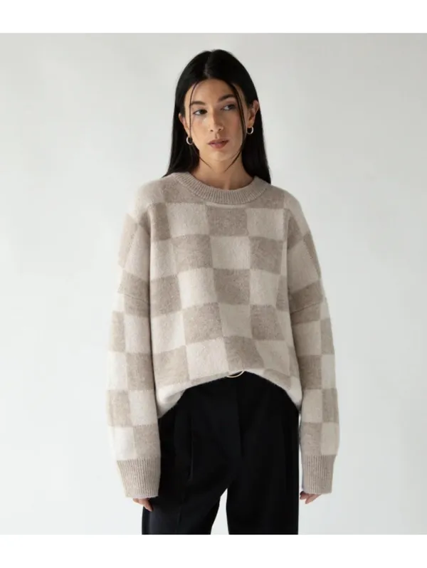 NWT Oak + Fort Checkered Crewneck Sweater Size Small Black & Tan - Image 6