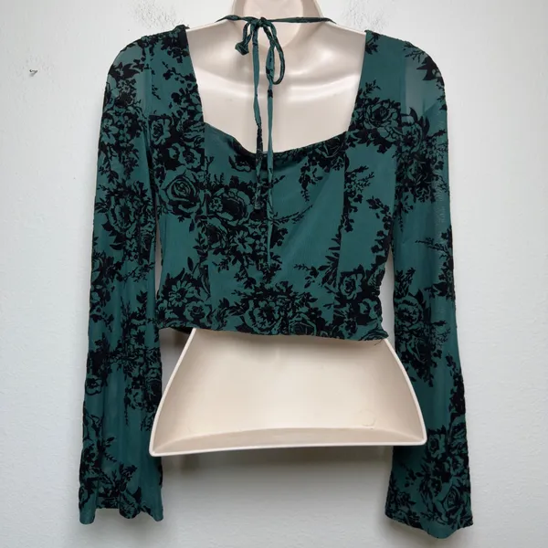 Forever 21 Women Whimsigoth Crop Milkmaid Top Small‎ Green Black Floral Corset Bell Sleeve - Image 5