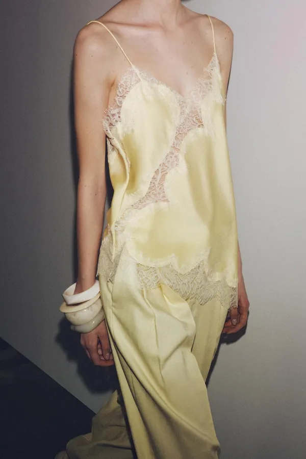 Zara Lace-Trim Satin Cami Top in Pale Butter Yellow - Image 5
