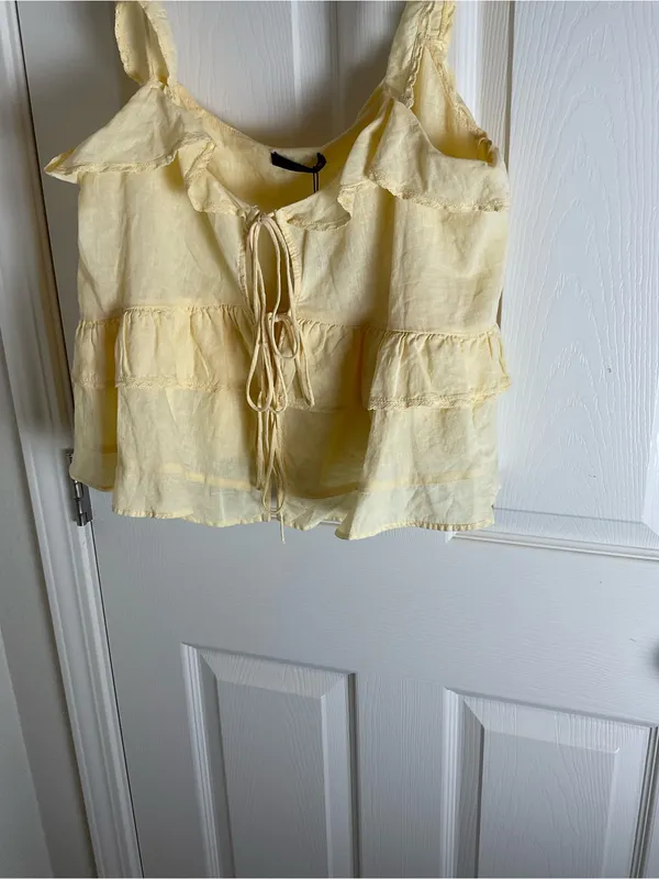 Zara Linen Blend Tiered Ruffle Cami Top Pastel Yellow M NWT Romantic Fairy - Image 3