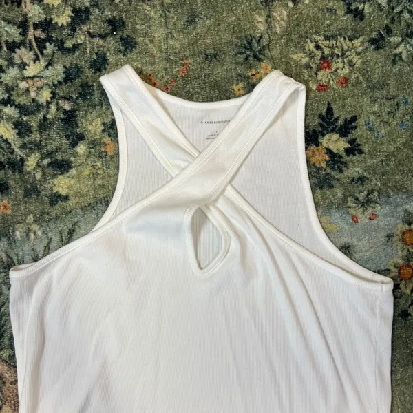 Anthropologie White Ribbed Criss Cross Halter Keyhole Tank Top Large OB1511275‎ - Image 2