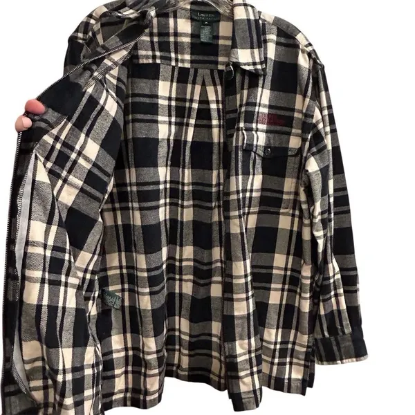 Lauren Ralph Lauren‎ Women’s M Black and White Plaid Flannel Full Zip Jacket - Image 5