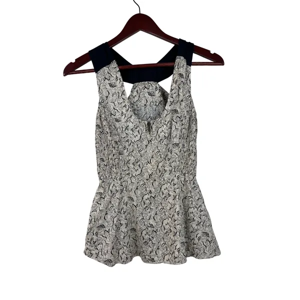 Girls from Savoy‎ Peplum Top Women Size 0 Cream Black Floral Halter Tie Back - Image 5