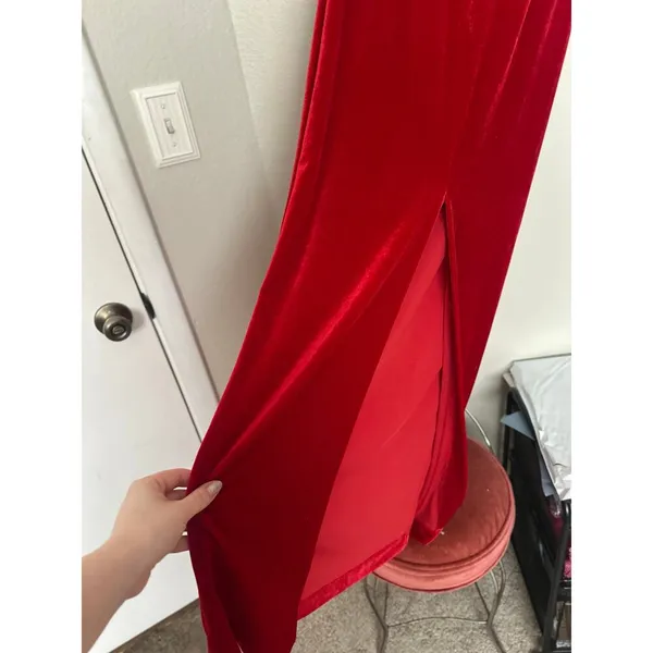 Vintage 90s Sz 4 Red Velvet Rhinestone Empire Waist Cap Sleeve Maxi Dress Gown - Image 9
