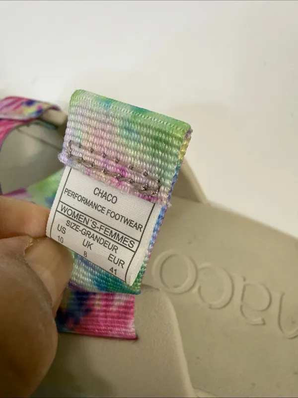 Chaco Neutral Footbed Slide Sandals with Pink, Green & Blue Tie-Dye Straps - Image 7