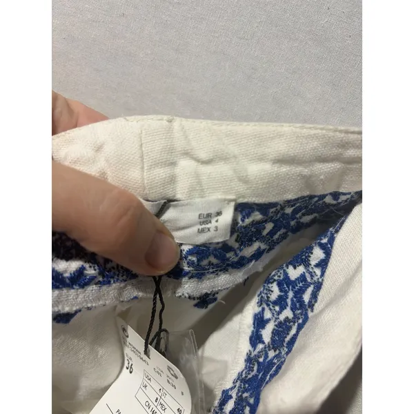 Mango White Blue Geometric Embroidered Wide Leg Cropped Pants Size‎ 4 NWT - Image 8