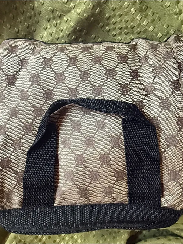 Patterned Beige and Brown Cosmetic lunch Bag with Black Trim Tan - Image 6
