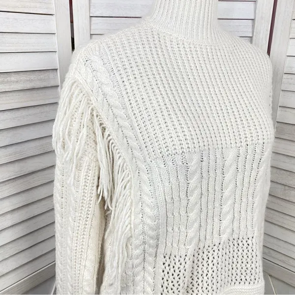Free Generation Multi Stich Fringe‎ Distressed Turtle Neck Sweater Cream Small - Image 6