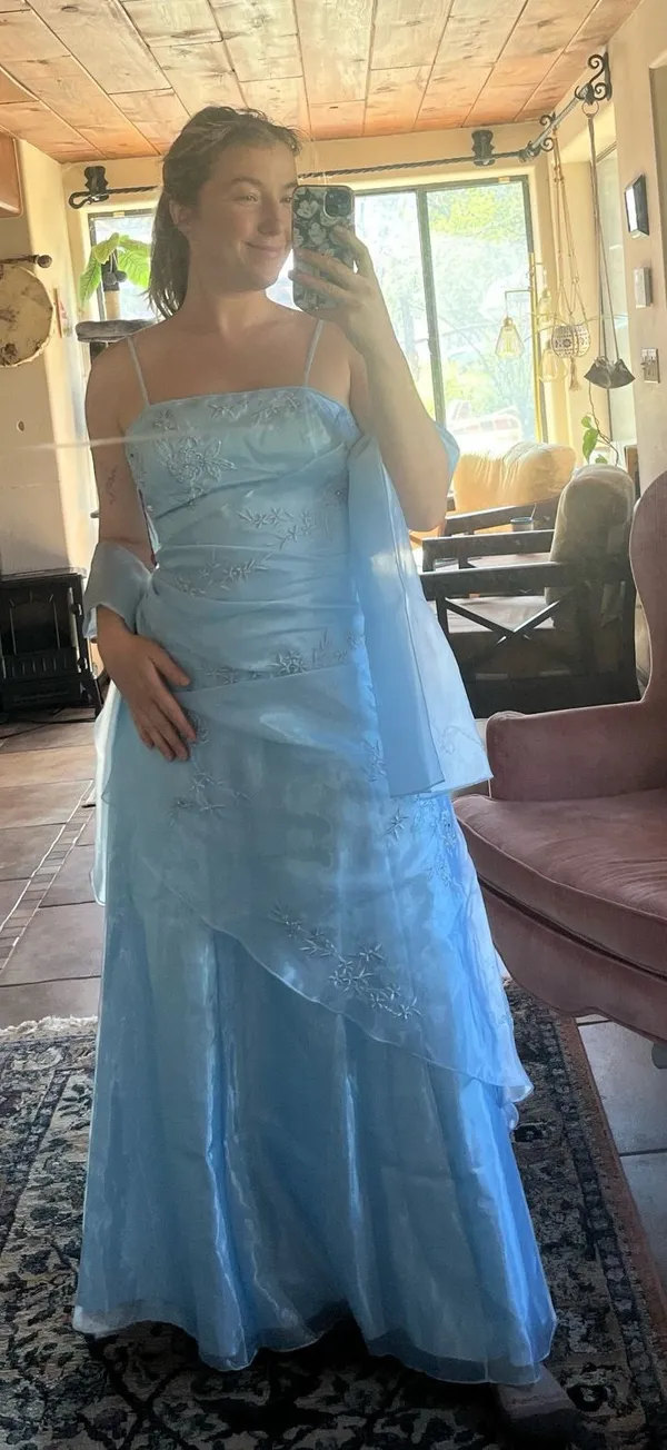 90s Baby Blue Formal Dress with Matching Scarf - Image 3