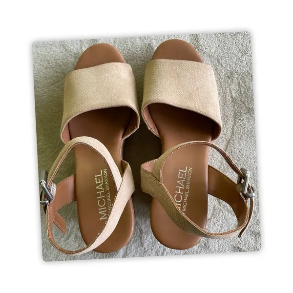 Michael by Michael Shannon Cork‎ Wedge Sandals Womens 7 Tan Suede - Image 2